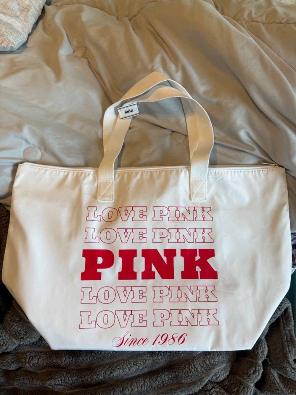 PINK Victoria's Secret White  Tote with Bold Logo Stack